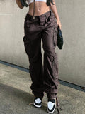 Posheme Drawstring Pockets Ovesize Low-rise Casual Cargo Pants