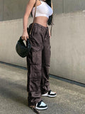 Posheme Drawstring Pockets Ovesize Low-rise Casual Cargo Pants