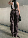 Posheme Drawstring Pockets Ovesize Low-rise Casual Cargo Pants