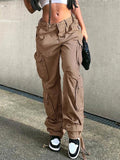 Posheme Drawstring Pockets Ovesize Low-rise Casual Cargo Pants