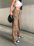 Posheme Drawstring Pockets Ovesize Low-rise Casual Cargo Pants