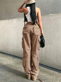 Posheme Drawstring Pockets Ovesize Low-rise Casual Cargo Pants