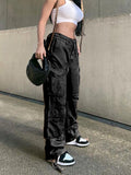 Posheme Drawstring Pockets Ovesize Low-rise Casual Cargo Pants