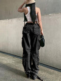 Posheme Drawstring Pockets Ovesize Low-rise Casual Cargo Pants