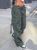 Posheme Oversize Drawstring Waist Pockets Low-rise Casual Cargo Pants