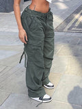 Posheme Oversize Drawstring Waist Pockets Low-rise Casual Cargo Pants