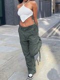 Posheme Oversize Drawstring Waist Pockets Low-rise Casual Cargo Pants