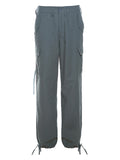 Posheme Oversize Drawstring Waist Pockets Low-rise Casual Cargo Pants