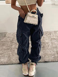 Posheme Oversize Drawstring Waist Pockets Low-rise Casual Cargo Pants