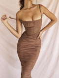 Posheme Ruched Spaghetti Strap Bodycon Party Prom Midi Dress