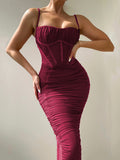 Posheme Ruched Spaghetti Strap Bodycon Party Prom Midi Dress