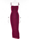 Posheme Ruched Spaghetti Strap Bodycon Party Prom Midi Dress