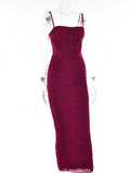 Posheme Ruched Spaghetti Strap Bodycon Party Prom Midi Dress