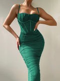 Posheme Ruched Spaghetti Strap Bodycon Party Prom Midi Dress