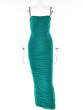 Posheme Ruched Spaghetti Strap Bodycon Party Prom Midi Dress