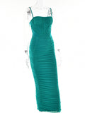 Posheme Ruched Spaghetti Strap Bodycon Party Prom Midi Dress