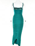 Posheme Ruched Spaghetti Strap Bodycon Party Prom Midi Dress