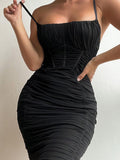 Posheme Ruched Spaghetti Strap Bodycon Party Prom Mini Dress