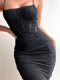 Posheme Ruched Spaghetti Strap Bodycon Party Prom Mini Dress