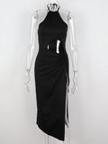 Posheme Elegant High Slit Cut Out Tie Back Halter Club Party Gown Maxi Dress