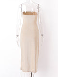 Posheme Elegant Bandeau High Slit Cut Out Ruched Twist Knot Club Party Gown Maxi Dress