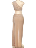 Posheme High Slit One SHoulder Ruched Twist Knot Bright Wire Two Piece Club Party Gown Maxi Dress