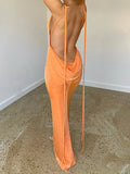 Posheme Spaghetti Strap Bodycon Backless Mermaid Tie Back Prom Maxi Dress