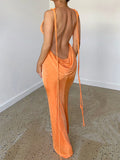 Posheme Spaghetti Strap Bodycon Backless Mermaid Tie Back Prom Maxi Dress