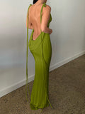 Posheme Spaghetti Strap Bodycon Backless Mermaid Tie Back Prom Maxi Dress