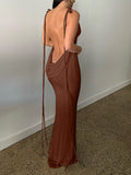 Posheme Spaghetti Strap Bodycon Backless Mermaid Tie Back Prom Maxi Dress