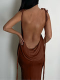 Posheme Spaghetti Strap Bodycon Backless Mermaid Tie Back Prom Maxi Dress