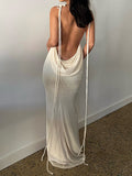 Posheme Spaghetti Strap Bodycon Backless Mermaid Tie Back Prom Maxi Dress