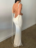 Posheme Spaghetti Strap Bodycon Backless Mermaid Tie Back Prom Maxi Dress