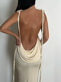 Posheme Spaghetti Strap Bodycon Backless Mermaid Tie Back Prom Maxi Dress