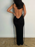 Posheme Spaghetti Strap Bodycon Backless Mermaid Tie Back Prom Maxi Dress