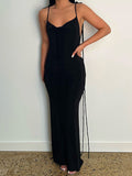 Posheme Spaghetti Strap Bodycon Backless Mermaid Tie Back Prom Maxi Dress