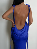 Posheme Spaghetti Strap Bodycon Backless Mermaid Tie Back Prom Maxi Dress