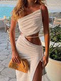 Posheme Spaghetti Strap High Slit Cut Out Ruched Drawstring Club Party Gown Maxi Dress