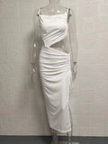 Posheme Spaghetti Strap High Slit Cut Out Ruched Drawstring Club Party Gown Maxi Dress