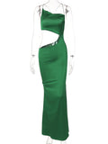 Posheme Spaghetti Strap High Slit Cut Out Ruched Club Party Gown Maxi Dress