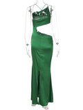 Posheme Spaghetti Strap High Slit Cut Out Ruched Club Party Gown Maxi Dress