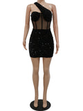 Posheme Cut Out One Shoulder Sheer Sequin Party Club Mini Dress