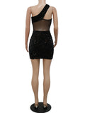 Posheme Cut Out One Shoulder Sheer Sequin Party Club Mini Dress