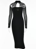 Posheme Solid Cut Out Sheer Ruched Elegant Party Clubwear Midi Dress