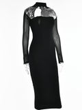 Posheme Solid Cut Out Sheer Ruched Elegant Party Clubwear Midi Dress