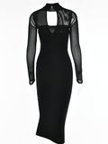 Posheme Solid Cut Out Sheer Ruched Elegant Party Clubwear Midi Dress