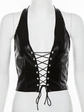 Posheme Halter Drawstring Crop PU Vests