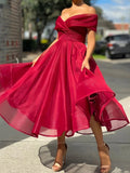 Posheme Cross Off Shoulder Puffy Tulle Ball Formal Evening Party Sweet Princess Gowns Tea-Length Midi Dresses