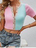 Blue Pink Splicing Bottons Knitting Vests Crop Top