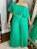 Posheme Solid Off Shoulder Pleated Plus Size Elegant Wide Leg Long Jumpsuit